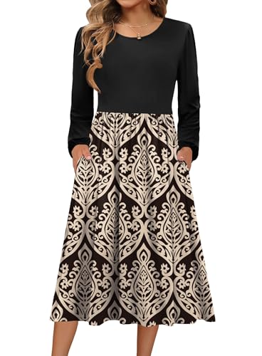 Zeagoo Damen Kleid Langarm Strickkleid Rundhals Herbst Kleider A-Linie MidiKleid Tunika Herbstkleid Freizeitkleid mit Taschen Z-Farbe A S von Zeagoo