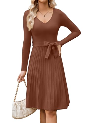 Zeagoo Damen Kleid Langarm Strickkleid V-Ausschnitt Pulloverkleid A-Linie Plissee Herbstkleid Elegant Tunika Kleider mit Gürtel Braun XXL von Zeagoo