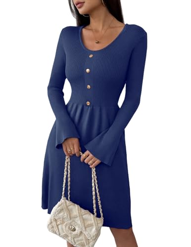 Zeagoo Damen Kleid Langarm V-Ausschnitt Winterkleid Pulloverkleid Elegant Herbstkleid Midikleid mit Trompetenärmel Blau M von Zeagoo