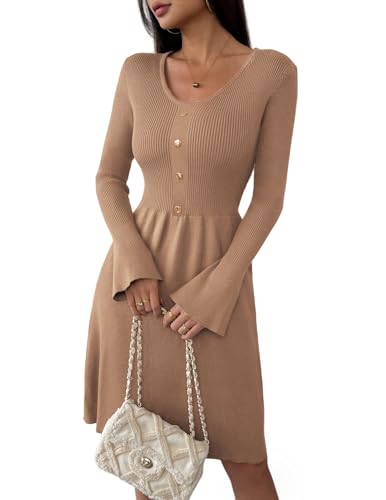 Zeagoo Damen Kleid Langarm V-Ausschnitt Winterkleid Pulloverkleid Elegant Herbstkleid Midikleid mit Trompetenärmel Hellbraun L von Zeagoo
