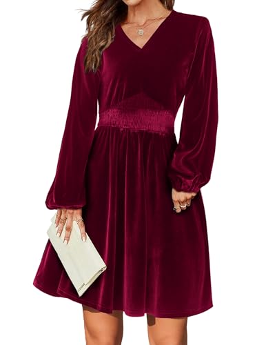 Zeagoo Damen Samtkleid Langarm Elegant Kleider Weich Einfarbige Winterkleid Laternenärmel A Linie Weihnachts Partykleid Freizeitkleid Rotwein XXL von Zeagoo