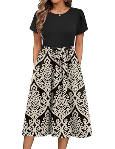 Zeagoo Damen Kleid Sommer Floral Rundhals Strandkleid Casual Kurzarm Kleider A Linie Tunika Midikleid mit Taschen Elegant Knielanges Kleid FloralD M von Zeagoo