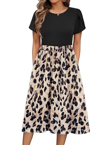 Zeagoo Damen Kleid Sommer Floral Rundhals Strandkleid Casual Kurzarm Kleider A Linie Tunika Midikleid mit Taschen Elegant Knielanges Kleid Florala S von Zeagoo