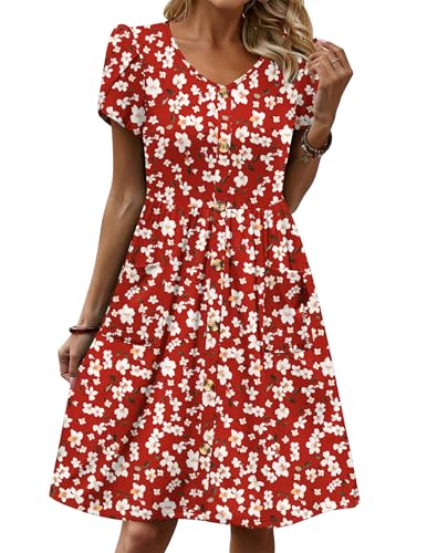 Zeagoo Damen Kleid Sommer Kurzarm Kleider Casual Blumen Strandkleid V-Ausschnitt Elegant A-Linie Knielang Tunika Kleid mit Taschen Rot Floral S von Zeagoo