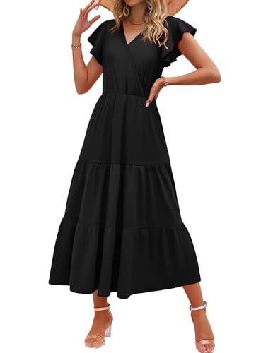 Zeagoo Sommerkleid Damen Lang V Ausschnitt Maxikleid Elegant Rüschenärmel Midikleider Casual A Linie Tunika Kleider Freizeitkleid Schwarz XXL von Zeagoo