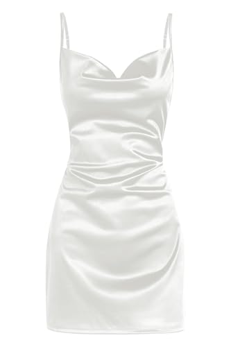 Zeagoo Damen Satin Trägerkleid V-Ausschnitt Sommerkleid Elegant Kleid Lässig Einfarbig Minikleid Ärmellos Freizeitkleid Weiß L von Zeagoo