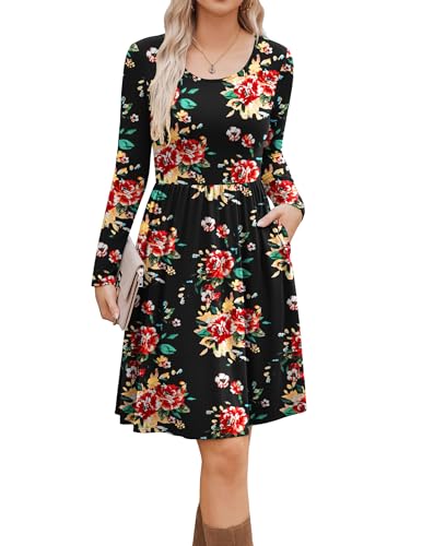 Zeagoo Damen Kleider Elegant Langarm Rundhals Midikleid A-Linie Blumenkleid Casual Tunika Kleid mit Taschen L von Zeagoo