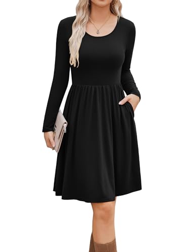Zeagoo Damen Kleider Elegant Rundhals Freizeitkleider Langarm Kleid Klassiker Midikleid mit Taschen Schwarz L 40 von Zeagoo