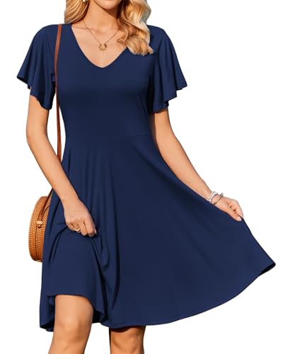 Zeagoo Kleider Damen Knielang Sommerkleid Rüschen Ärmel Freizeitkleid V-Ausschnitt Strandkleid Sommer Elegant Blusenkleid mit Taschen Blauviolett S von Zeagoo