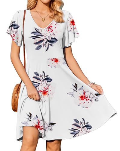 Zeagoo Damen Kleider Rüschen Ärmel Sommerkleid Knielang Freizeitkleid V-Ausschnitt Blusenkleid Sommer Blumenkleid Elegant A-Linie Strandkleid Blumenweiß S von Zeagoo
