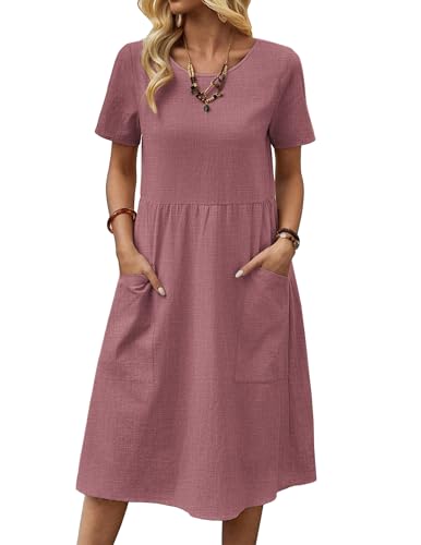 Zeagoo Kleid Damen Baumwolle Sommerkleid Kurzarm Strandkleid Casual Leinen Shirtkleid Rundhals Blusenkleid Rosa M von Zeagoo