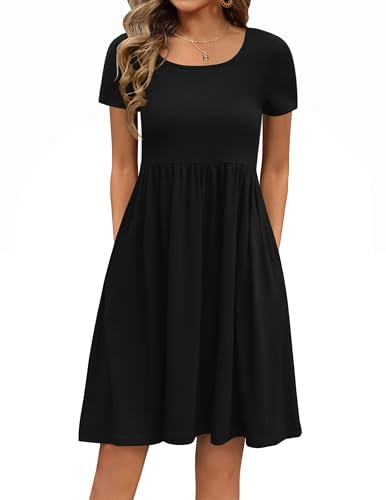 Zeagoo Sommerkleid Damen Elegant Kleider Kurzarm A-Linie Blumenkleid Rundhals Tunika Kleid Strandkleid mit Taschen Casual Freizeitkleid Schwarz L von Zeagoo