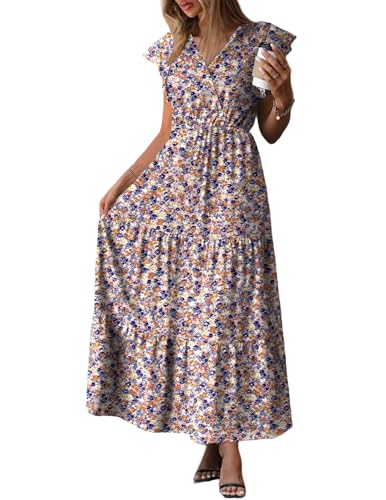 Zeagoo Sommerkleider Damen Kurzarm Blumen Maxikleid Lang V-Ausschnitt Rüschenärmel Kleid A Line Hohe Taille Tunikakleider Lässig Kleider Bunter Blumendruck M von Zeagoo