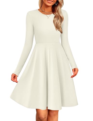 Zeagoo Damen Kleider Langarm Casual Rundhals Herbstkleid Elegant A-Linie Strickkleid Einfarbig Tunika Kleid Winter Leichte Pulloverkleid Beige XXL von Zeagoo