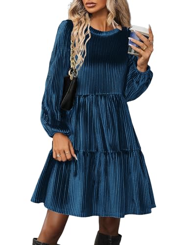 Zeagoo Damen Kleider Langarm Elegant Samtkleid Rundhals Rüschen A-Linie Freizeitkleider Hohe Taille Festlich Winter Kleid mit Taschen Navy Blau M von Zeagoo
