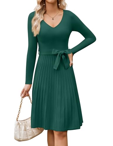 Zeagoo Damen Kleider Langarm Strickkleid V-Ausschnitt Pulloverkleid A-Linie Plissee Winterkleid Elegant Tunika Kleid mit Gürtel Dunkelgrün XXL von Zeagoo