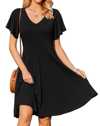 Zeagoo Damen Kleider Rüschen Ärmel Sommerkleid Knielang Freizeitkleid Sommer V-Ausschnitt Blusenkleid Elegant A-Linie Strandkleid Schwarz XL von Zeagoo