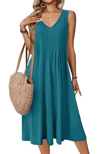 Zeagoo Damen Kleider Sommer Ärmellose Strandkleid V-Ausschnitt Sommerkleid Elegante T-Shirt Kleider Leicht Tank Kleid mit Taschen Blaugrün L von Zeagoo