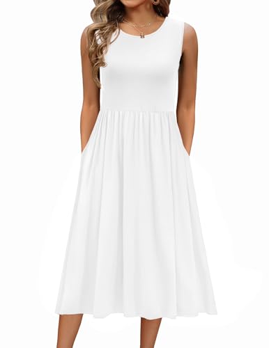 Zeagoo Damen Kleider Sommer Ärmelloses Rundhals Freizeitkleider Elegant Strandkleid A Linie Midikleider Lässig Tank Kleid mit Taschen Weiß XXL von Zeagoo