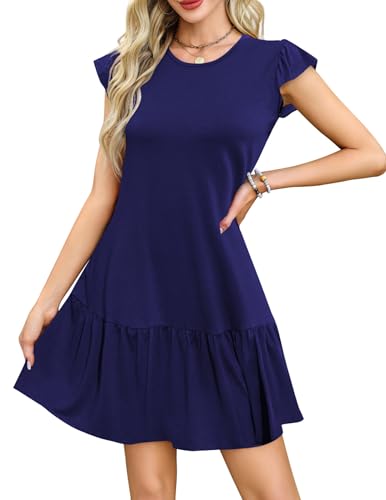 Zeagoo Damen Kleider Sommer Rundhals Strandkleid Rüschen Ärmel Minikleid Leicht Tshirtkleid A-Linie Kleid Blau L von Zeagoo