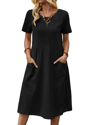 Zeagoo Kleid Damen Baumwolle Sommerkleid Kurzarm Strandkleid Casual Leinen Shirtkleid Rundhals Blusenkleid Schwarz M von Zeagoo