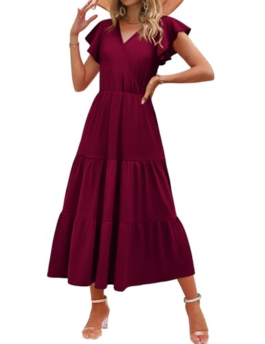 Zeagoo Damen Kleider Sommer Lang Freizeitkleid V Ausschnitt Elegant Maxikleid Kurzarm Hohe Taille Tunika Kleid Locker Rüschensaum Strandkleider Weinrot XL von Zeagoo