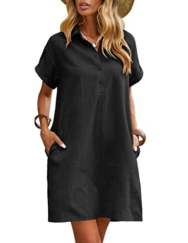 Zeagoo Damen Kleider Sommer Kurzarm Shirtkleider Kurz Sommerkleider Leicht Freizeitkleid Schwarz Leinenkleider mit Taschen S von Zeagoo