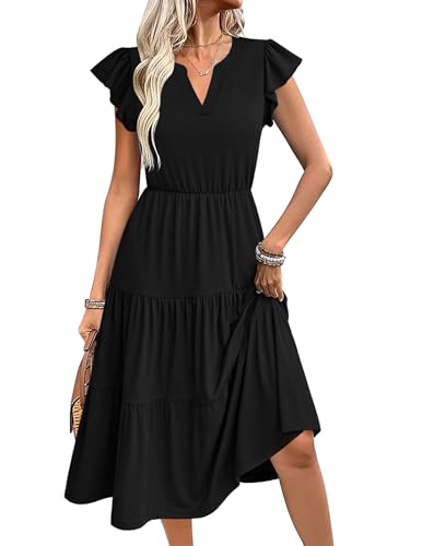 Zeagoo Damen Kleider Sommer Rüschen Ärmel V-Ausschnitt Kleider Einfarbig Kleid Sommerkleid Wickelkleid Mit Taschen Schwarz XL von Zeagoo