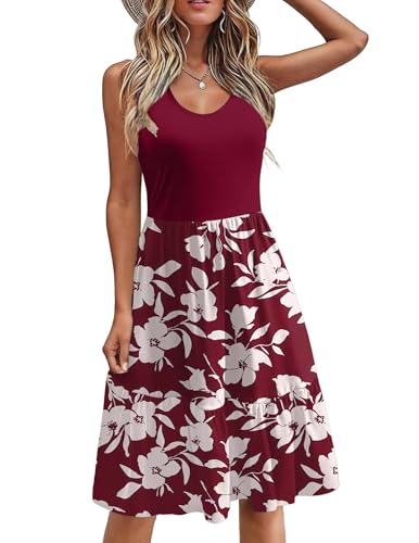 Zeagoo Kleid Damen Knielang Ärmellose Kleider Elegant Luftige Sommerkleider A-Linie Blumenkleid Freizeitkleid mit Taschen Weinrot M von Zeagoo