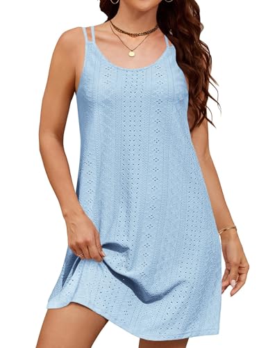Zeagoo Sommerkleid Damen Eyelet Spaghettiträger Strandkleid Ärmelloses Kleid Freizeitkleid Strandkleid Casual Blau S von Zeagoo