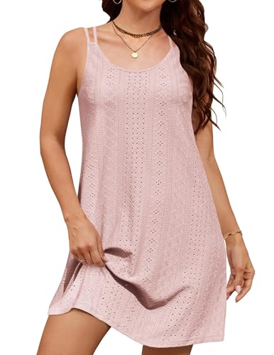 Zeagoo Damen Strandkleider Sommerkleid Rundhals Kleider Bikini Cover Up Trägerkleider Strandponcho Kurz Rosa XXL von Zeagoo