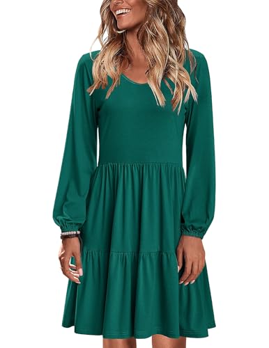 Zeagoo Kleid Damen Langarm Winterkleid Elegant Rundhals Knielanges Herbstkleid Puffärmel A Linien Kleider Blusenkleid Grün XXL von Zeagoo