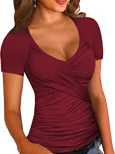 Zeagoo Damen Kreuzverschluss V-Ausschnitt Rüschen Kurzarm Blusen Shirts Tops S-XXL, B_Wine Red, Klein von Zeagoo