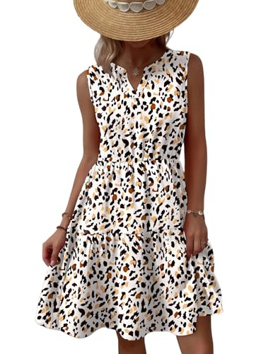 Zeagoo Kleider Damen V-Ausschnitt Ärmelloses Kleid Sommer Kurze Freizeitkleider A Linie Blumendruck Strandkleid Hohe Taille Minikleid Bunter Blumendruck XL von Zeagoo