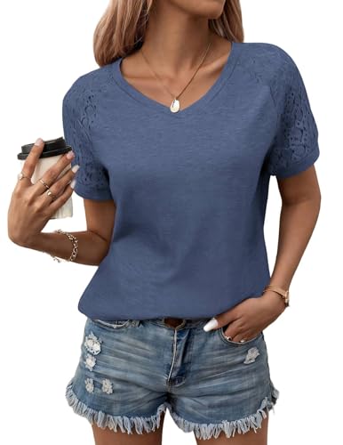 Zeagoo Bluse Damen Sommer Tshirt Elegant Kurzarm Basic Tops Lässige V Ausschnitt Oberteil Locker T-Shirt Blau L von Zeagoo