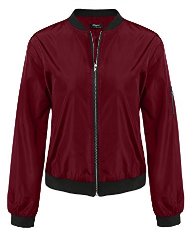 Zeagoo Damen Kurze Bomberjacke Winter Frauen Blouson Jacke Dünne Kurzjacke Basic Pilotenjacke Fliegerjacke Frühlingsjacke Übergangsjacke Weinrot XXL 44 von Zeagoo