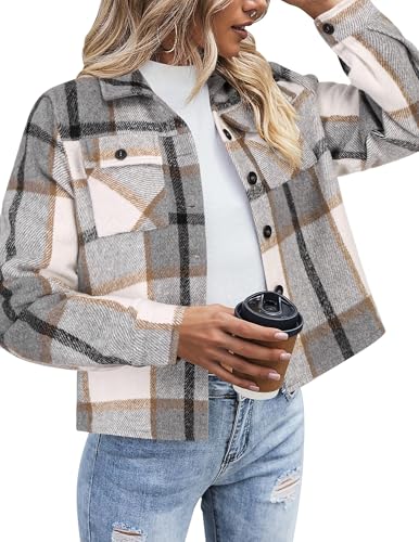 Zeagoo Damen Kurze Karierte Hemdjacke Langarm Holzfällerhemd Revers Button-Down-Bluse Flanell Shacket Mantel Grau XXL von Zeagoo