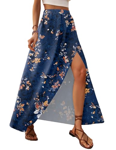 Zeagoo Damen Lang Rock Casual Hohe Taille Sommerrock A-Linie Maxi Floral Freizeitrock Flowy Bedruckter Strandrock Elegant Bequem Röcke Navy Blau Blumenmuster M von Zeagoo