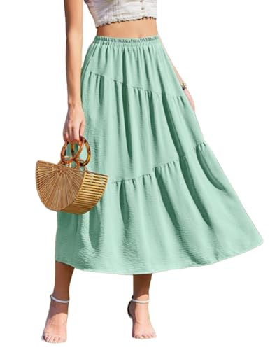 Zeagoo Langer Rock Damen Elastic Hohe Taille Maxirock Elegante Leicht Sommerrock mit Taschen Flowy Lang Stufenrock Hellgrün XXL von Zeagoo