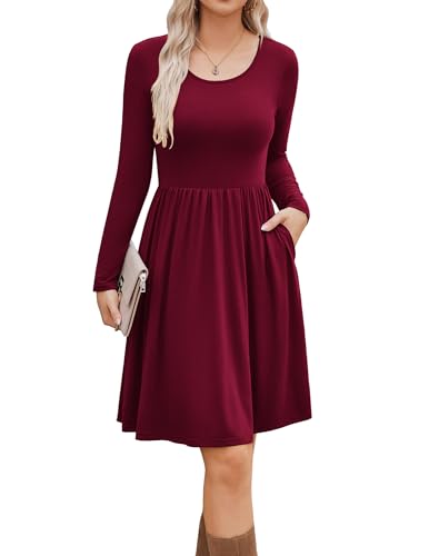 Zeagoo Damen Langarm Kleid A-Linie Freizeitkleider Rundhals Midikleid Elegant Kleider mit Taschen Weinrot L von Zeagoo