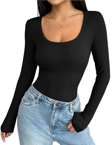 Zeagoo Damen Enges Top Langarm Rundhalsausschnitt Rippstrick Shirts Lässig Schmal Basic T-Shirt Herbst Langarmshirts von Zeagoo