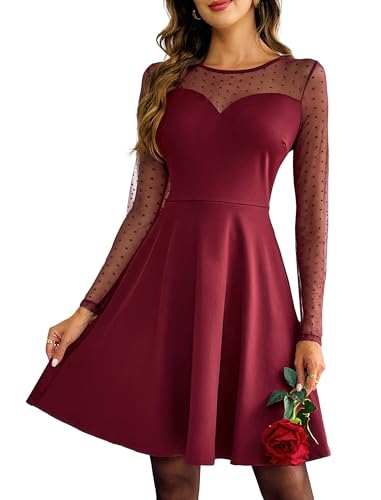 Zeagoo Damen Langarm Spitzenkleider Rundausschnitt A Linie Hohe Taille Cocktailkleid Einfarbig Knielang Rockabilly Kleid Mini Dress Weinrot L von Zeagoo