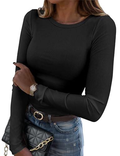 Zeagoo Langarmshirt Damen Slim Fit Basic T-Shirts Rundhals Stretch Pullover Elegant Gerippt Oberteil Casual Einfarbig Tops Schwarz XL von Zeagoo