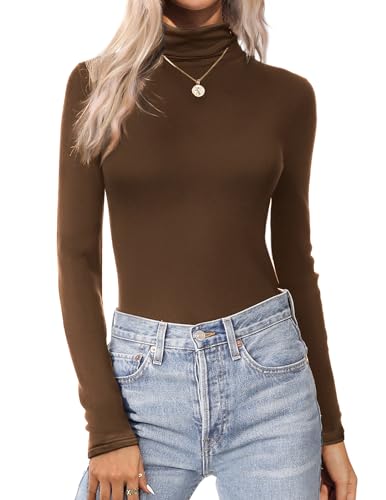 Zeagoo Turtleneck Shirt Damen Langarm Rolli Dünne Herbst Rollkragenpulli Weich Bequem Einfarbige Unterziehshirt Braun L von Zeagoo