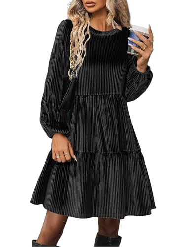 Zeagoo Damen Langarm Kleider Elegant Herbst Winter Minikleider Rundkragen Einfarbig A Linie Glänzend Kleid Velvet Partykleid mit Taschen Schwarz XXL von Zeagoo