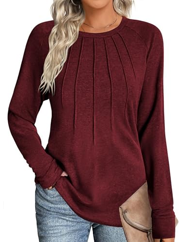 Zeagoo Damen Langarmshirt Casual Tshirts Einfarbige Rundhalsausschnitt Oberteile Herbst Leichte Elegant Tops Plissee T-Shirt Weinrot S von Zeagoo