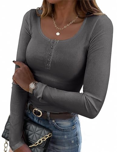 Zeagoo Damen Langarmshirt Rundhals Elegant Oberteile Henley Shirt Stretch T-Shirt mit Knopfleiste Langarm Slim Fit Pullover Gerippt Basic Top Shirts Einfarbig Dunkelgrau L von Zeagoo