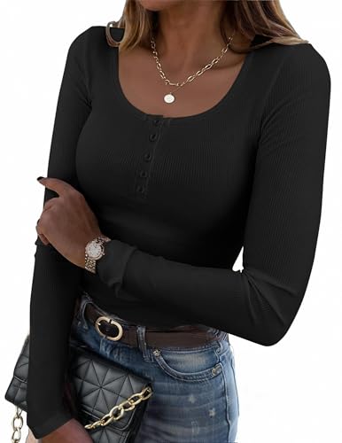 Zeagoo Damen Langarmshirt Slim Fit Rundhals Henley Shirt Langarm Basic T-Shirt Elegant Oberteile Lässig Pullover Stretch Tops Schwarz M von Zeagoo