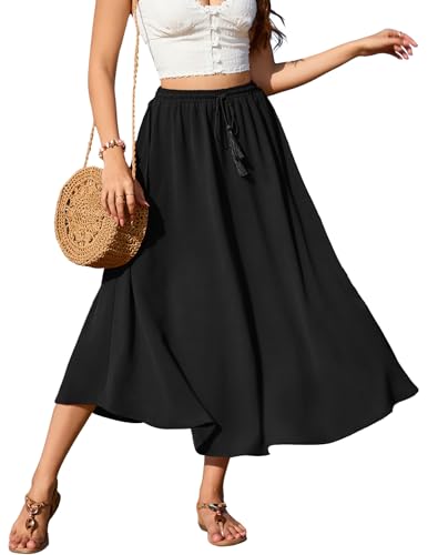 Zeagoo Damen Langer Rock Hohe Taille Röcke Elegant Maxirock A-Linien Mesh-Rock Mit Kordelzug Casual Midi Freizeitrock Schwarzer Sommerrock Tüll Frühling M von Zeagoo