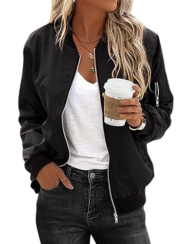 Zeagoo Blouson Damen Schwarz Leichte Kurze Bomberjacke Fliegerjacke Pilotenjacke Basic Bomber Jacket Frühlingsjacke L von Zeagoo